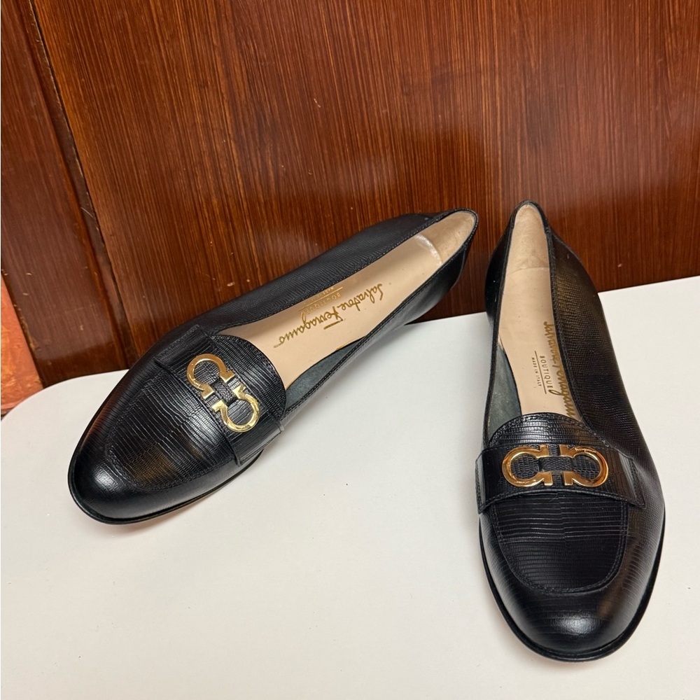 Salvatore Ferragamo Black With Gold tone logo Loafers - Picture 8 of 11